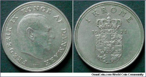 Denmark 1 krone.
1971 C/S, Cu-ni.
Weight; 6,8g.
Diameter; 25,5mm.
Mintage: 13.985.000 pieces.