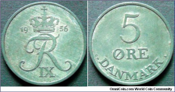 Denmark 5 ore.
1956 C/S, Zinc.
Weight; 6,4g.
Diameter; 27mm.
Mintage: 5.888.000 pices.
