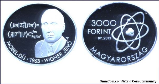 Hungary, 3000 forints, 2013, Ag, 30mm, 12.5g, Oval shape, Hungarian Nobel Prize Winners: Wigner Jenő, 1963.