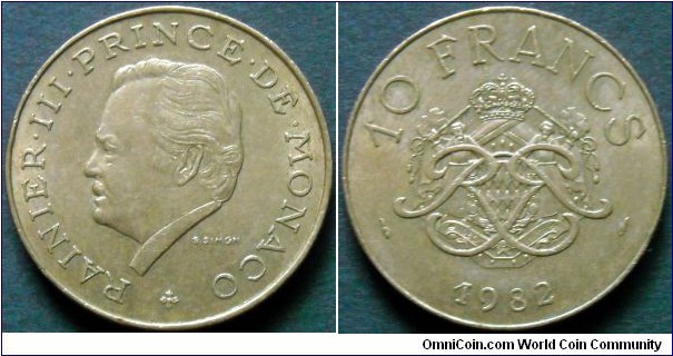 Monaco 10 francs.
1982, Cu-al-ni.