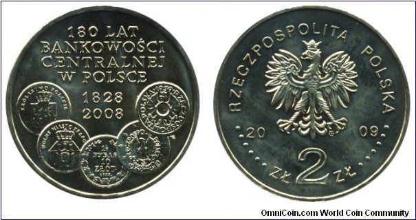 Poland, 2 zlote, 2009, Cu-Al-Zn-Sn, 27mm, 8.15g, 180 Years of the Central Polish Bank, 1828-2008.