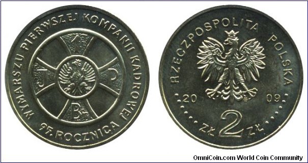 Poland, 2 zlote, 2009. Cu-Al-Zn-Sn, 27mm, 8.15g, 95. Anniversary of the First Cadre March.