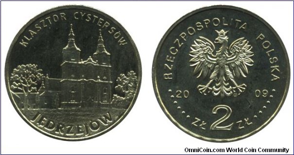 Poland, 2 zlote, 2009, Cu-Al-Zn-Sn, 27mm, 8.15g, Cistercian Monastery - Jedrzejow