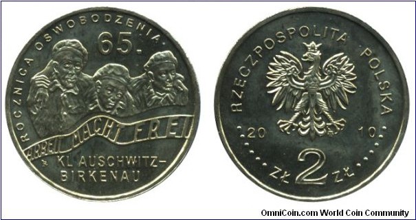 Poland, 2 zlote, 2010, Cu-Al-Zn-Sn, 27mm, 8.15g, 65. Anniversary of the liberation of concentration camp Auswitz-Birkenau.
