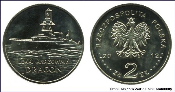 Poland, 2 zlote, 2012, Cu-Al-Zn-Sn, 27mm, 8.15g, Lichte kruiser Dragon