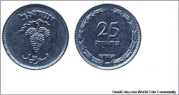 Israel, 25 prutas, 1949, Cu-Ni, 19.5mm, Grape.