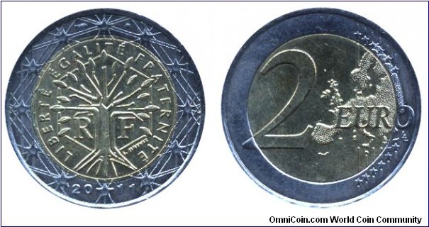 France, 2 euros, 2011, Cu-Ni-Ni-Brass, bi-metallic, 25.75mm, 8.5g, complete Europe map.