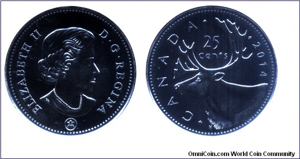 Canada, 25 cents, 2014, Caribou, Queen Elizabeth II.