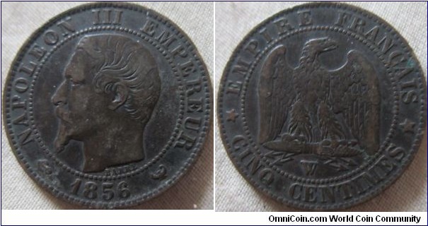 1856 5 centimes, W, in mid grade