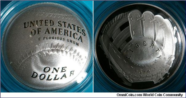 1st US issued curved coin.  Buldged out to make it look more like a baseball on one side, and curved in like a ball glove on the other site.  75th anniversary of the Baseball Hall of Fame. $1, Ag