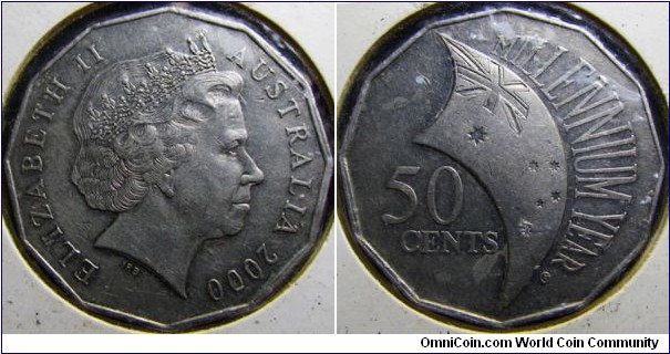 Australia 2000 50 cents commemorating the millennium year. Scarce variety - incursed flag. 