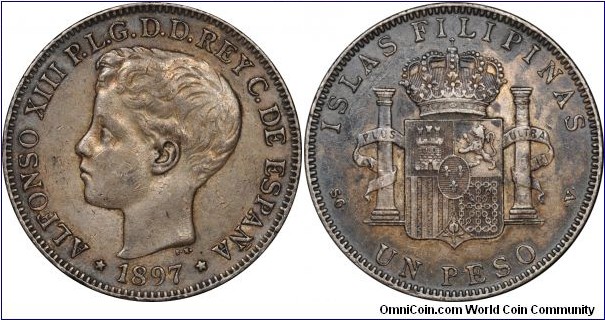 Spanish colonial, Philippines, Alfonso XIII, Silver Peso (8 Reales), 1897. KM# 154. Toned, nearly extremely fine.