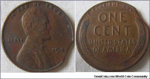 1941 Cent, clipped planchet F grade