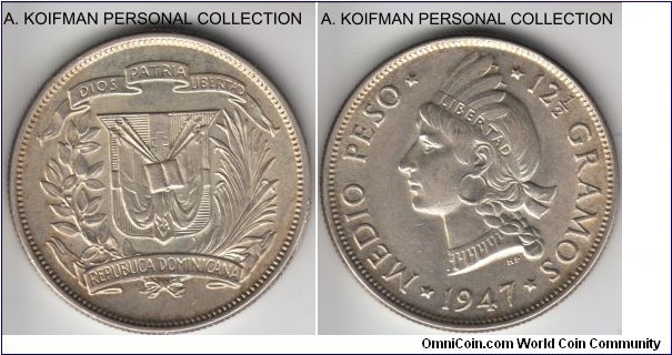 KM-21, 1947 Dominican Republic 1/2 peso; silver, reeded edge; mint state with just a couple of contact marks, mintage 200,000.