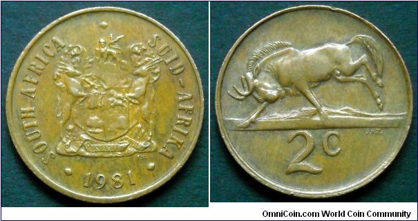 South Africa 2 cents.
1981, Bronze. Weight; 4g.
Diameter; 22,45mm.
Design; Jan van Zyl.
Mintage: 79.350.000 pieces.