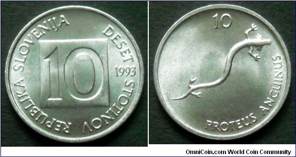 Slovenia 10 stotinov.
1993, Al.
Weight; 0,55g.
Diameter; 16mm.
Mint; Kremnica (Slovakia) 
Mintage: 2.515.000 pieces.