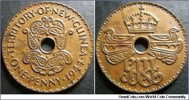 New Guinea 1944 1 penny. Light verdigris. Weight: 6.47g