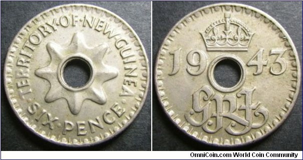 New Guinea 1943 6 pence. Nice condition. Weight: 2.74g.