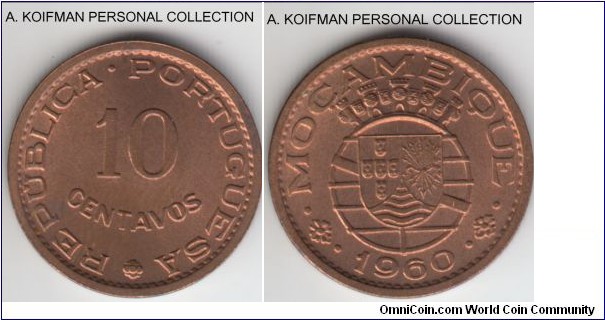KM-83, 1960 Portuguese Mozambique (Colony) 10 centavos; bronze, plain edge; red uncirculated, very sharp strike.