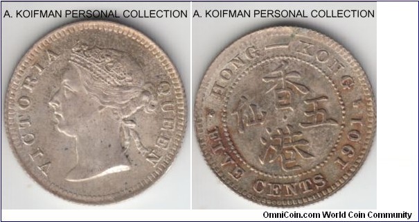KM-5, 1901 Hong Kong 5 cents; silver, reeded edge; average uncirculated, but odd toning on reverse.