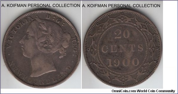 KM-4, 1900 Newfoundland 20 cents; silver, reeded edge; nicely toned well circulated, slight damade the flan and may be bent, good fine, mintage 125,000.