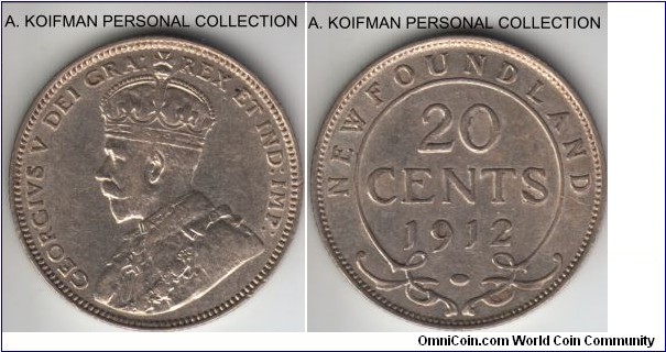 KM-15, 1912 Newfoundland 20 cents; silver, reeded edge; extra fine or about, some luster is visible.