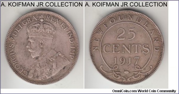 KM-17, 1917 Newfoundland 25 cents, Ottawa mint; silver, reeded edge; George V, almost extra fine details, slight reverse edge knock.