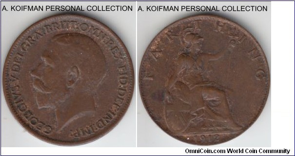 KM-808.1, 1912 Great Britain farthing; bronze, plain; high grade, probably good extra fine to about uncirculated, a bit of dirt, a couple of stains, brown, supposedly blacked at the mint, but not too dark.