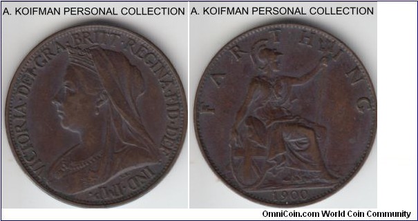 KM-788.2, 1900 Great Britain farthing; bronze, plain edge; blackened at mint, about uncirculated.