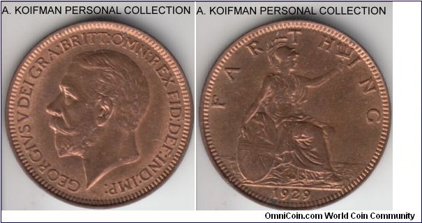 KM-825, 1929 Great Britain farthing; bronze, plain edge; red brown uncirculated, nicer specimen.