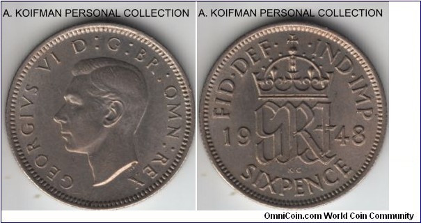 KM-862, 1948 Great Britain 6 pence; copper-nickel, reeded edge; good uncirculated with minimal marks.