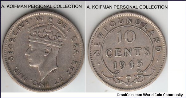KM-20a, 1945 Newfoundland 10 cents, Ottawa mint (C mint mark); silver, reeded edge; average circulated good fine to about very fine.