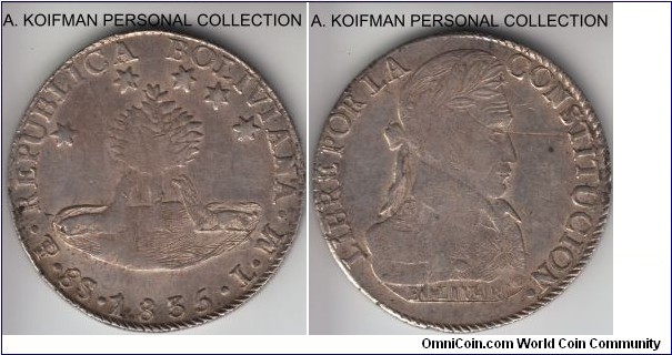 KM-97, 1835 8 soles, Potosi mint (PTS mintmark in monogram), L.M. essayer; silver, reeded and lettered edge; good mid grade, very fine or better, an unlisted variety of the reverse die where the L (LIBRE) is riding high and pots at the end of Bolivar's epaulette, on obverse a second star spot in the die was filled almost completely, only a fains sigh of the star is there, interesting coin.