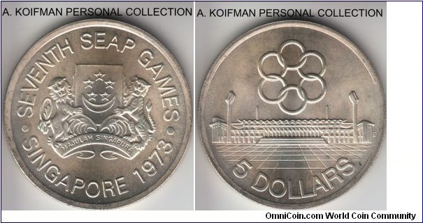 KM-10, 1973 Singapore 5 dollars; silver, reeded edge; 7'th SEAP Games commemorative, few very small patches of toning, otherwise nice choice to gem uncirculated.