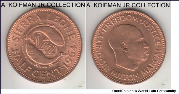 KM-16, 1964 Sierra Leone 1/2 cent; bronze, plain edge; common 1-year type, bright red uncirculated.