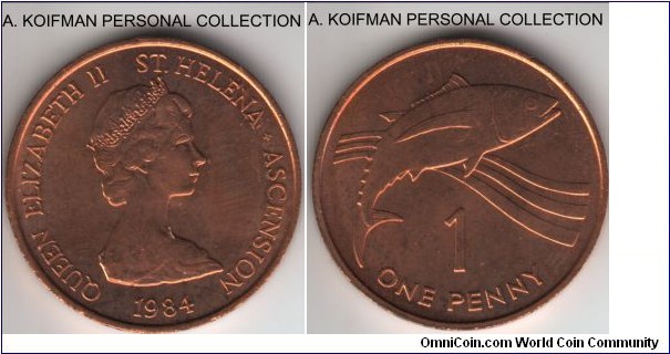 KM-1, 1984 St. Helena & Ascension penny; bronze, plain edge; red uncirculated.