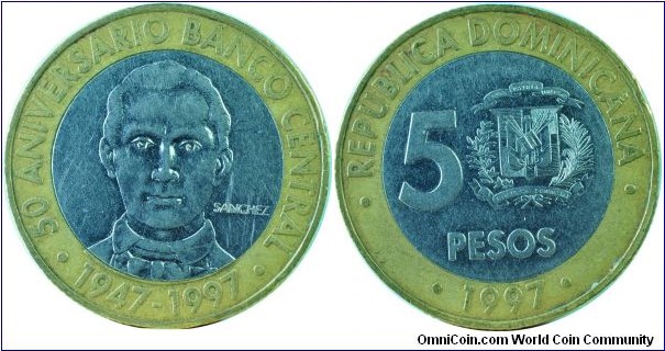 Dominican5Pesos-50yrsCentralBank-km88-1997