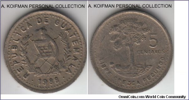 KM-276.4, 1988 Guatemala 5 centavos; copper-nickel, reeded edge; very fine to extra fine condition.