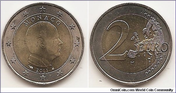 2 Euro
KM#195
8.5000 g., Bi-Metallic Nickel-Brass center in Copper-Nickel ring, 25.75 mm. Obv: The designs shows a portrait of HSH Prince Albert II from right. The coin's outer ring shows the 12 stars of the European Union on a background of concentric circular lines. Rev: 2 on the left-hand side, six straight lines run vertically between the lower and upper right-hand side of the face, 12 stars are superimposed on these lines, one just before the two ends of each line, superimposed on the mid - and upper section of these lines; the European continent ( extended ) is represented on the right-hand side of the face; the right-hand part of the representation is superimposed on the mid-section of the lines; the word ‘EURO’ is superimposed horizontally across the middle of the right-hand side of the face. Under the ‘O’ of EURO, the initials ‘LL’ of the engraver appear near the right-hand edge of the coin. Edge: Edge: Reeded with 2 * *, repeated six times, alternately upright and inverted. Obv. designer: Henri Thiebaud Rev. designer: Luc Luycx
