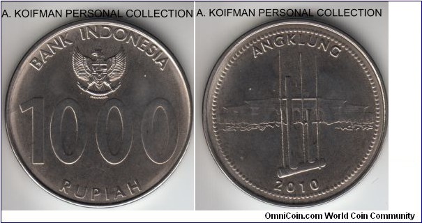 KM-70, 2010 Indonesia 1000 rupiah; nickel plated steel, plain edge; average uncirculated, rather flat design, customary for the steel based coinage.