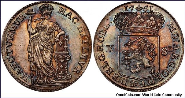 Netherlands, Holland province, 10 Stuivers, 1751. In NGC plastic holder graded as MS65+★. NGC price guide plate coin (i.e. It is NGC's picture). I am pleased to add this nice example to my collection.