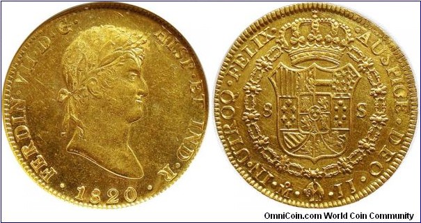 Spanish colonial, Mexico, Fernando VII, 8 Escudos, 1820. 27.06g, 87.5% Gold. Mexico city mint. Assayer: J.J.. Obverse: Laureate head to the right // Reverse: Crowned Spanish arms within chain of the Order of the Golden Fleece. KM# 161.