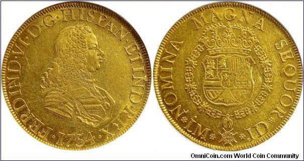 Spanish colonial, Peru, Ferdinand VI, 8 Escudos, 1754. 27.06g, 91.7% Gold. Lima mint. Assayer: J.D.. Fr# 20; KM# 59.1