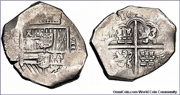 Spain, Reino de España. Felipe IV el Grande, silver cob 8 Reales 27.34g. Sevilla (Seville) mint. Dated 162(2)-S. Crowned coat-of-arms / Coat-of-arms. KM# type 39.6. 