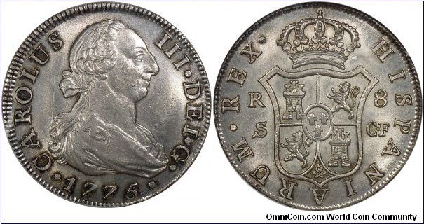 Spain, Reino de España. Carlos (Charles) III. 1759-1788. 8 Reales, 1775. Sevilla (Seville) mint. Assayer: C.F.. Garlanded and draped bust right / Crowned coat-of-arms. ME# 12033; Calicó# 1036; KM# 414.2. In NGC encapsulation, graded MS62.