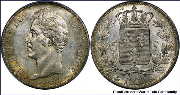 France, Charles X, 5 Francs, 1827. Silver. Paris mint. Gadoury# 644, KM# 728.1. 