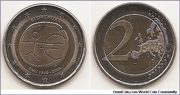 2 Euro
KM#82
8.5000 g., Bi-Metallic Nickel-Brass center in Copper-Nickel ring, 25.75 mm. Subject : Ten years of Economic and Monetary Union(EMU). Obv: The inner part of the coin shows a stylised human figure whose left arm is prolonged by the euro symbol. The initials ΓΣ of the sculptor appear below the euro symbol. The name of the issuing country in the national language appear at the top SLOVENIJA, while the acronym EMU translated into the national language appear at the bottom EMU 1999-2009. The twelve stars of the European Union surround the design on the outer ring of the coin. Rev: 2 on the left-hand side, six straight lines run vertically between the lower and upper right-hand side of the face, 12 stars are superimposed on these lines, one just before the two ends of each line, superimposed on the mid - and upper section of these lines; the European continent ( extended ) is represented on the right-hand side of the face; the right-hand part of the representation is superimposed on the mid-section of the lines; the word ‘EURO’ is superimposed horizontally across the middle of the right-hand side of the face. Under the ‘O’ of EURO, the initials ‘LL’ of the engraver appear near the right-hand edge of the coin. Edge: Reeded with SLOVENIJA ·. Obv. designer: Georgios Stamatopoulos Rev. designer: Luc Luycx