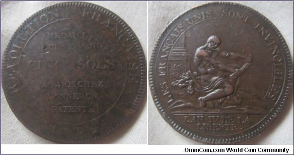 1792 5 sol copper token coinage from Monneron Brothers Hercules, poor strike on one side.