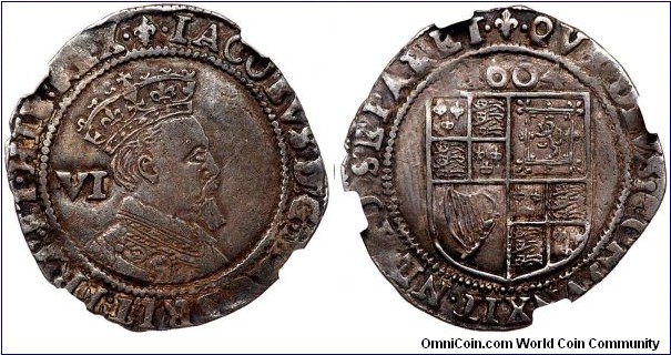 England, James I, Sixpence, 1604-Lis. Silver. Third bust of James I, Second Coinage (1604-19). KM# 25; Spink# 2657.