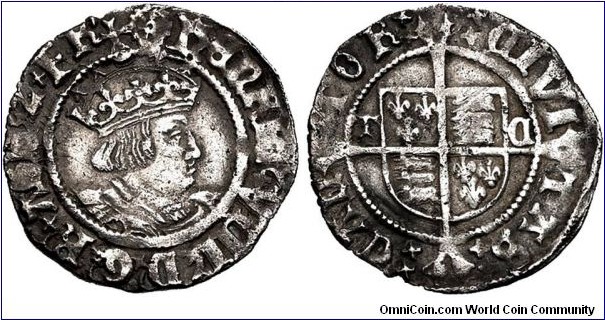 England, House of Tudor, Henry VIII (1509-1547). Halfgroat. 18mm, 1.34 g, Silver. Second coinage. Canterbury mint; Archb. Cranmer; Mint mark: Catherine wheel. Struck 1533-1544. Crowned bust right / Royal shield over long cross; T C flanking shield. Whitton vi; North 1804; SCBC 2345. Lightly toned, light marks, near very fine.